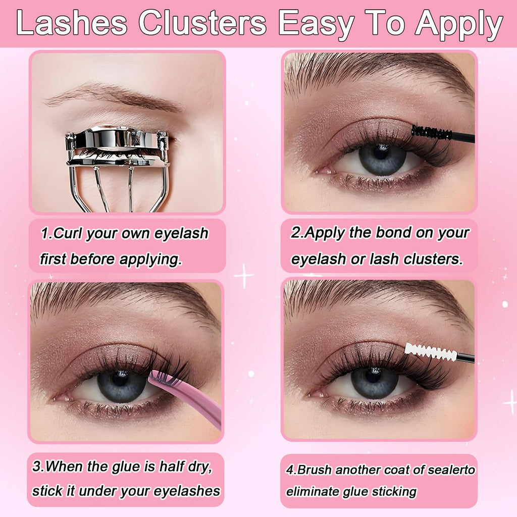 WIGICD Lash Clusters Kit – 480 Pcs D Curl False Eyelashes 9-16mm | DIY at‐Home Extensions with Bond, Seal, Tweezers & Brush
