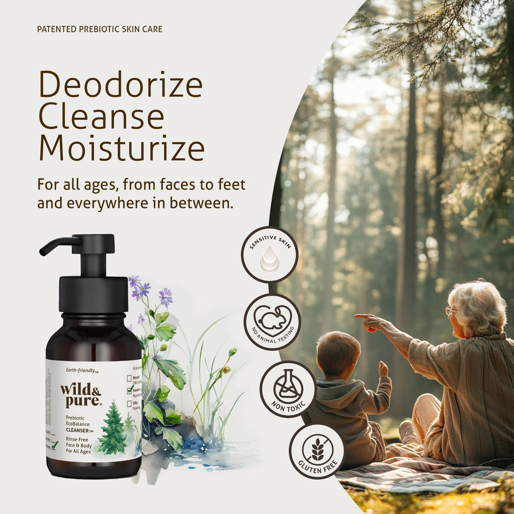 Wild & Pure Sensitive Skin Foaming Body Wash (8oz) | Gentle, pH-Balanced Cleanser for Face, Hands & Body | Microbiome-Friendly | EcoBalance Refillable Skincare