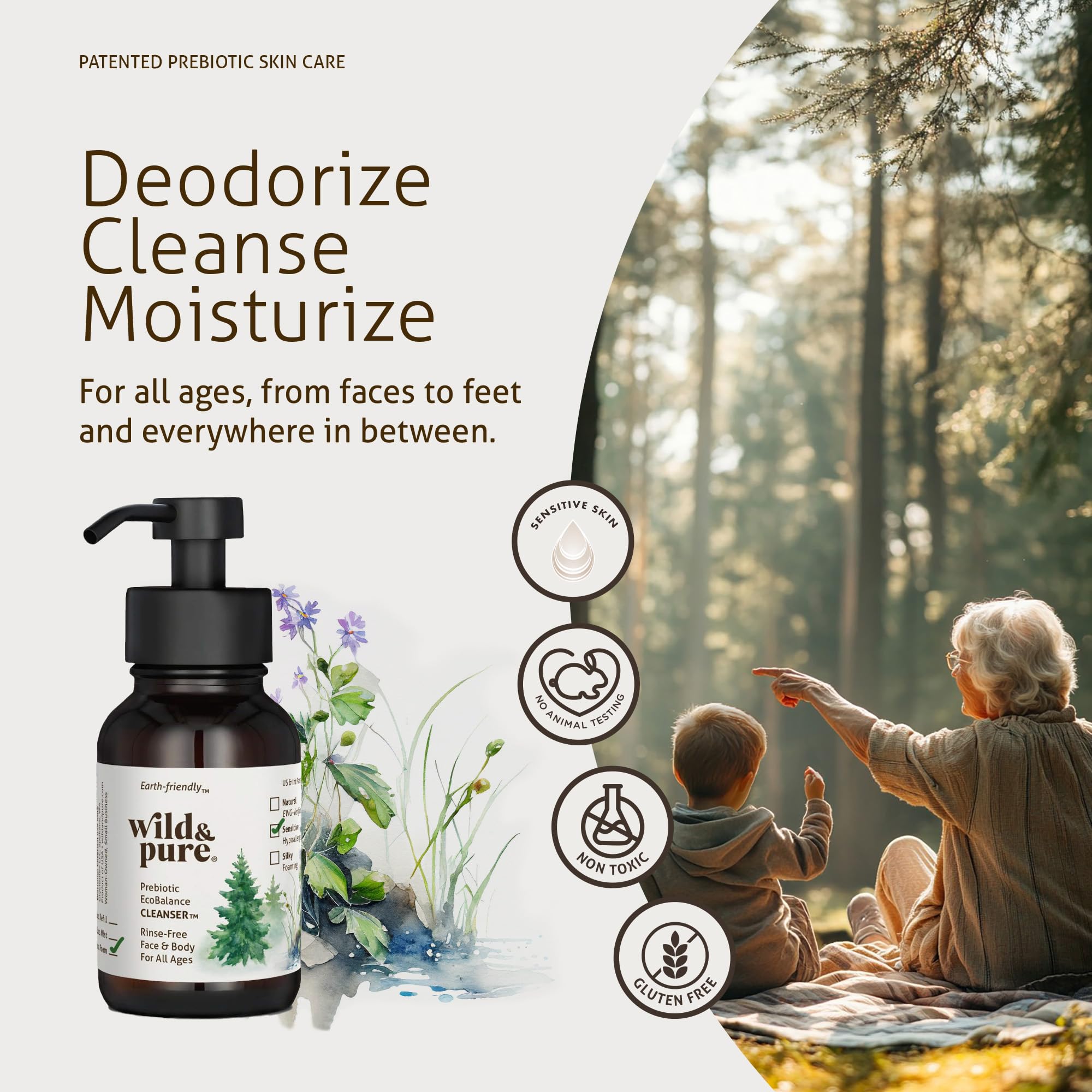 Wild & Pure Sensitive Skin Foaming Body Wash (8oz) | Gentle, pH-Balanced Cleanser for Face, Hands & Body | Microbiome-Friendly | EcoBalance Refillable Skincare