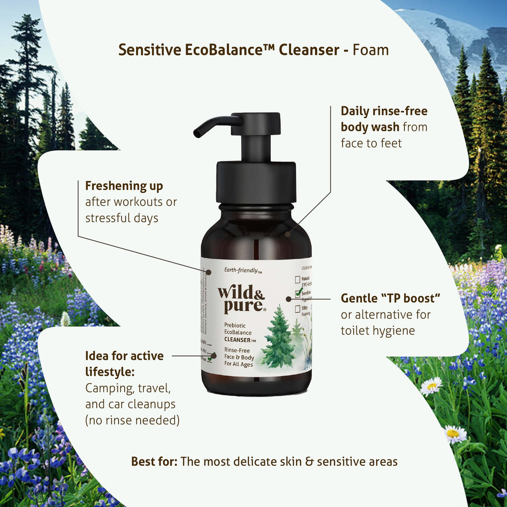 Wild & Pure Sensitive Skin Foaming Body Wash (8oz) | Gentle, pH-Balanced Cleanser for Face, Hands & Body | Microbiome-Friendly | EcoBalance Refillable Skincare