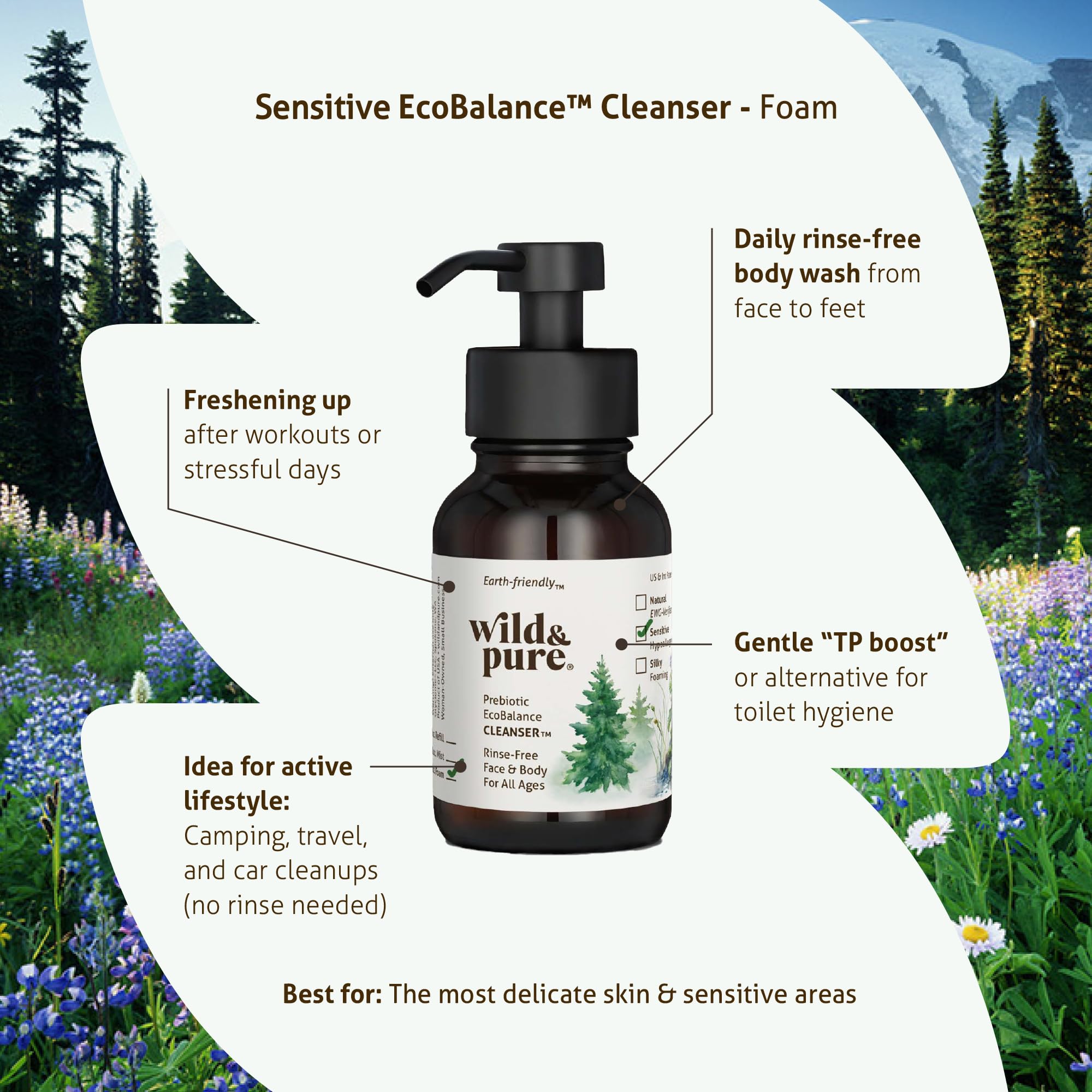 Wild & Pure Sensitive Skin Foaming Body Wash (8oz) | Gentle, pH-Balanced Cleanser for Face, Hands & Body | Microbiome-Friendly | EcoBalance Refillable Skincare