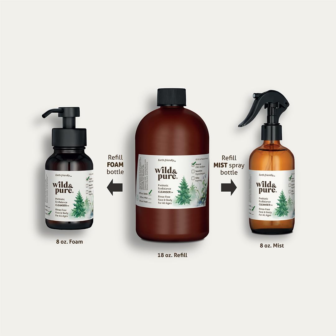 Wild & Pure Sensitive Skin Foaming Body Wash (8oz) | Gentle, pH-Balanced Cleanser for Face, Hands & Body | Microbiome-Friendly | EcoBalance Refillable Skincare