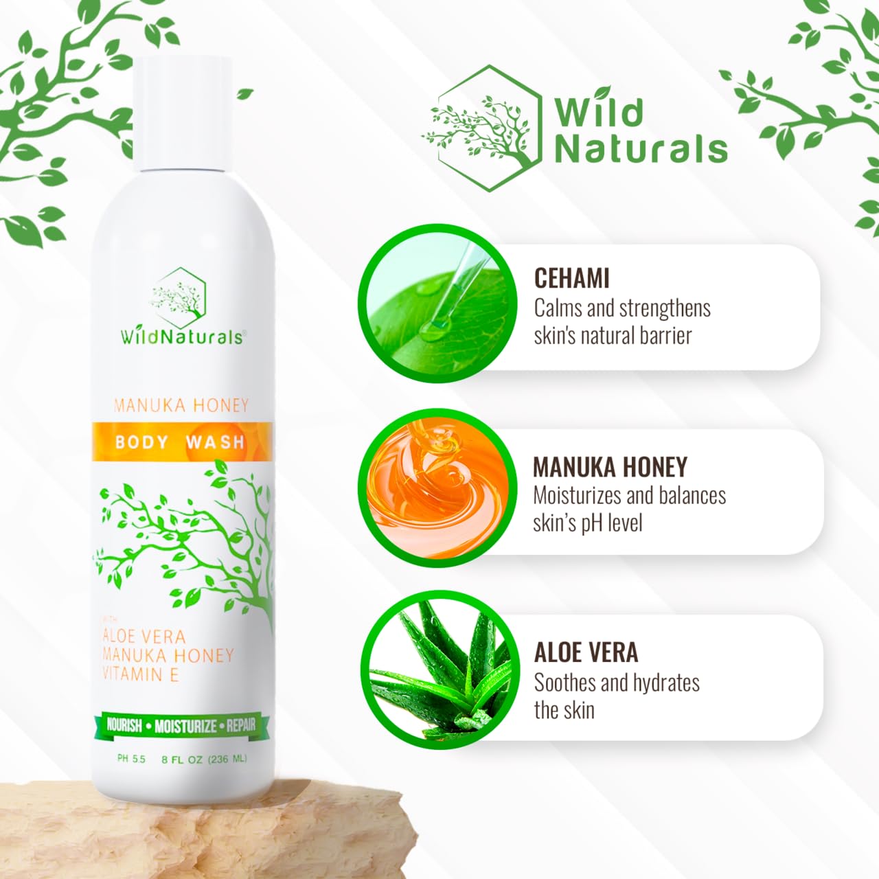 Wild Naturals Manuka Honey Body Wash – Organic, Sulfate-Free (UMF 12+), for Eczema & Psoriasis