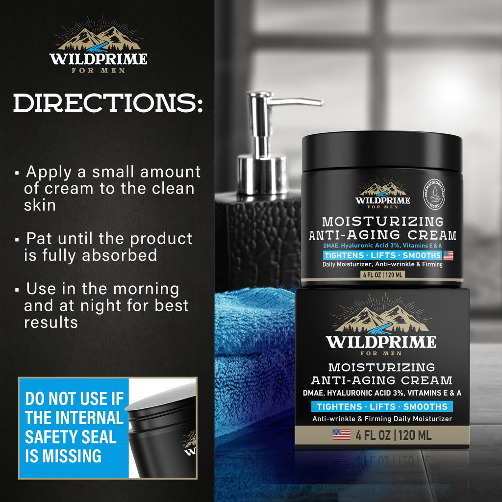 WildPRIME Men's Face Moisturizer Cream – Anti-Aging, Hyaluronic Acid, Avocado Oil – 4 oz USA Made