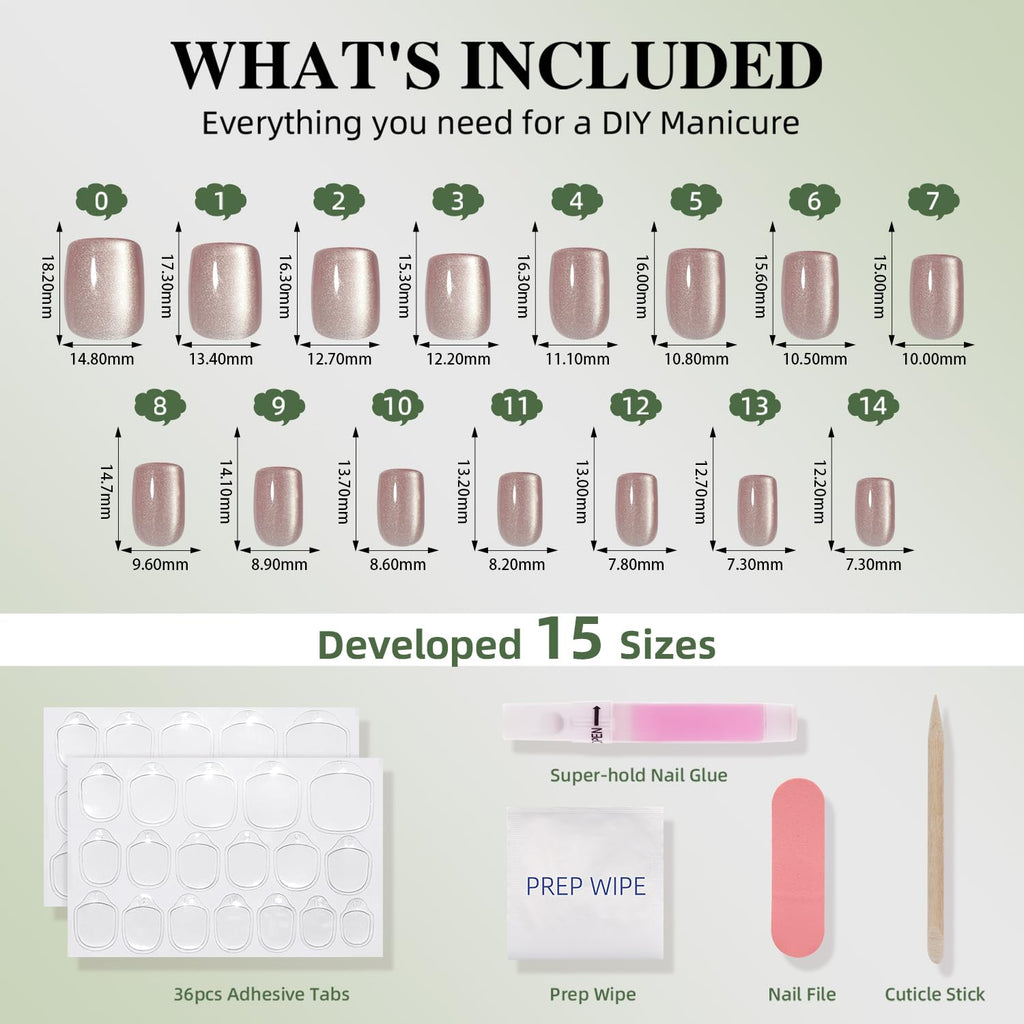 WiniBeauty Cat Eye Press On Nails Square – Moonlit Pearl, 30 Nails in 15 Sizes