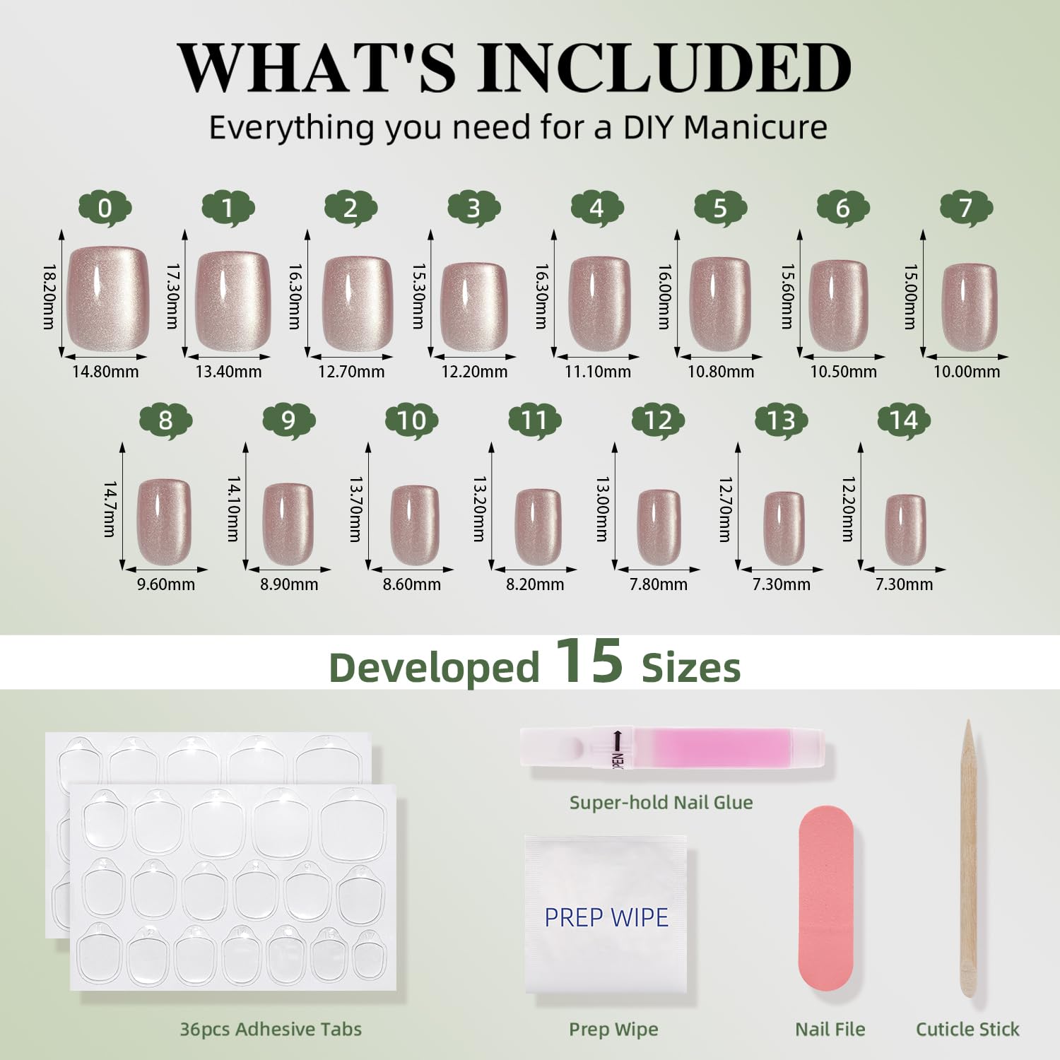 WiniBeauty Cat Eye Press On Nails Square – Moonlit Pearl, 30 Nails in 15 Sizes