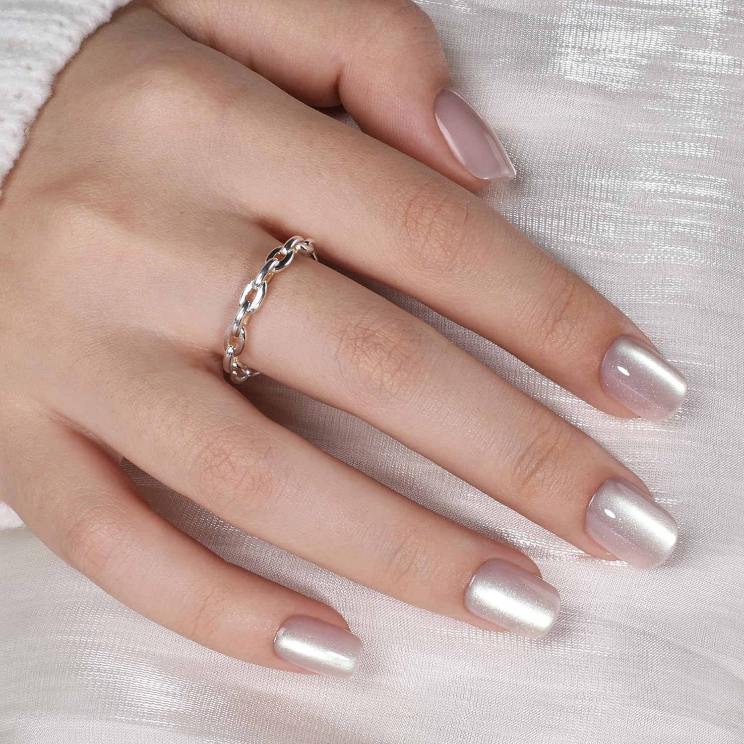 WiniBeauty Cat Eye Press On Nails Square – Moonlit Pearl, 30 Nails in 15 Sizes