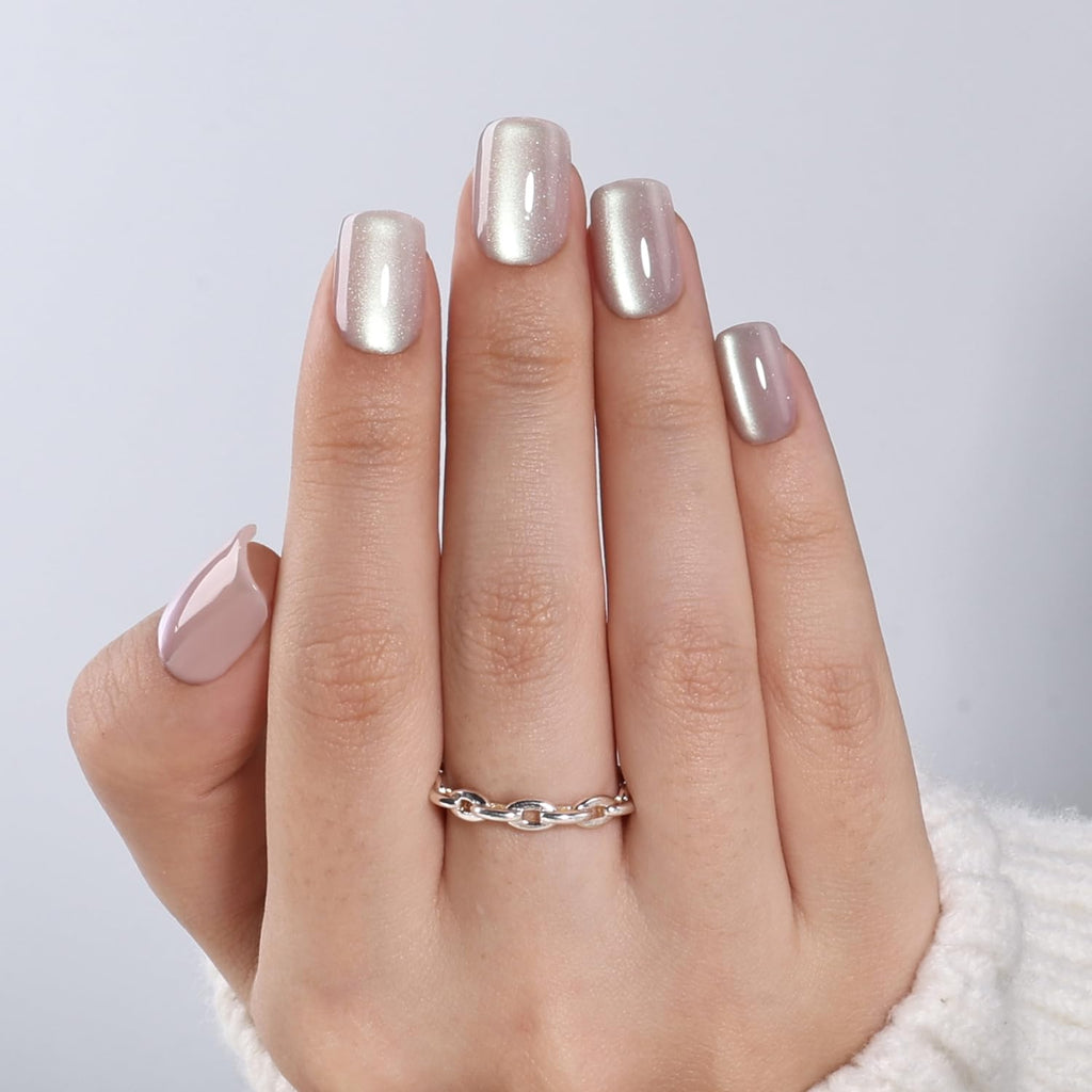 WiniBeauty Cat Eye Press On Nails Square – Moonlit Pearl, 30 Nails in 15 Sizes