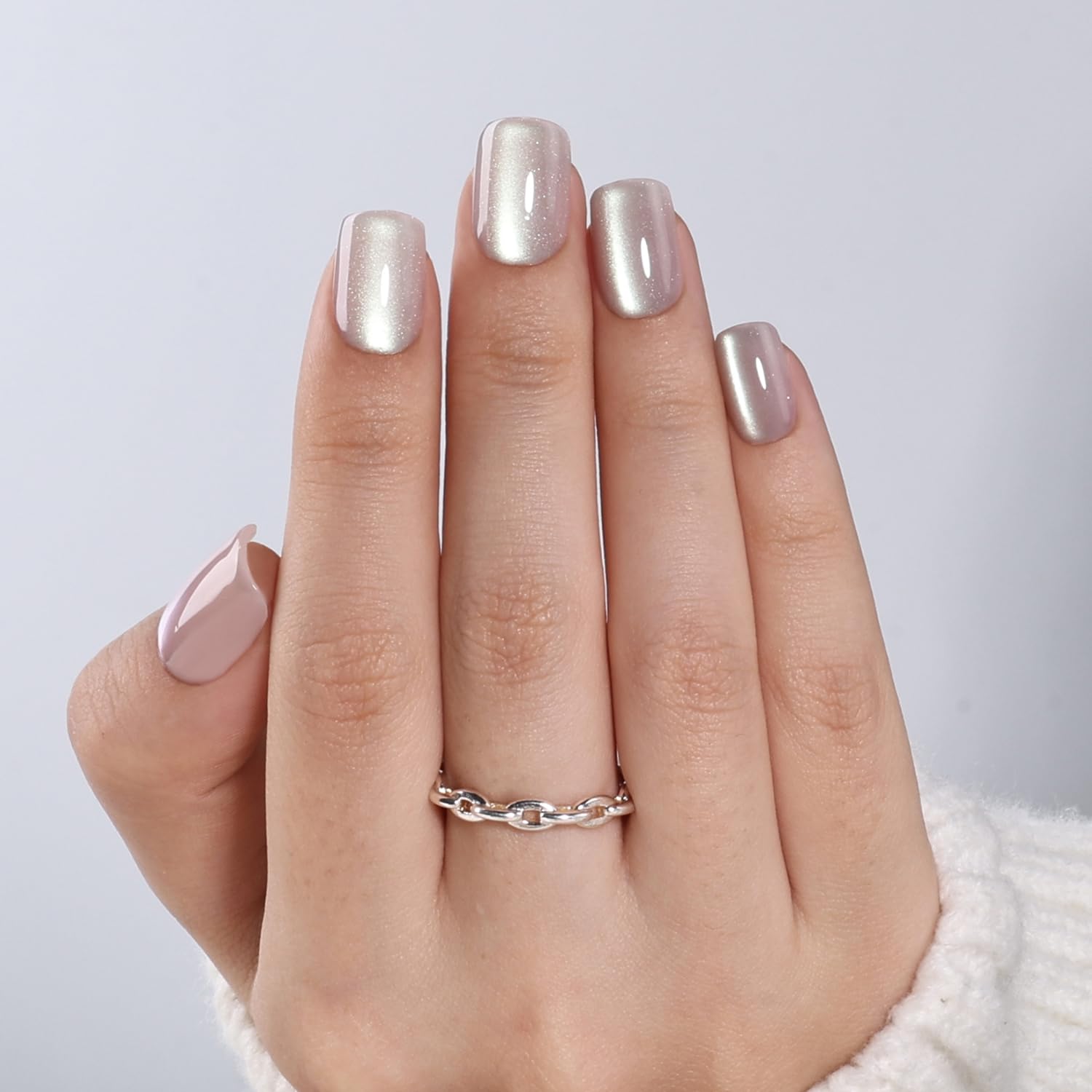 WiniBeauty Cat Eye Press On Nails Square – Moonlit Pearl, 30 Nails in 15 Sizes