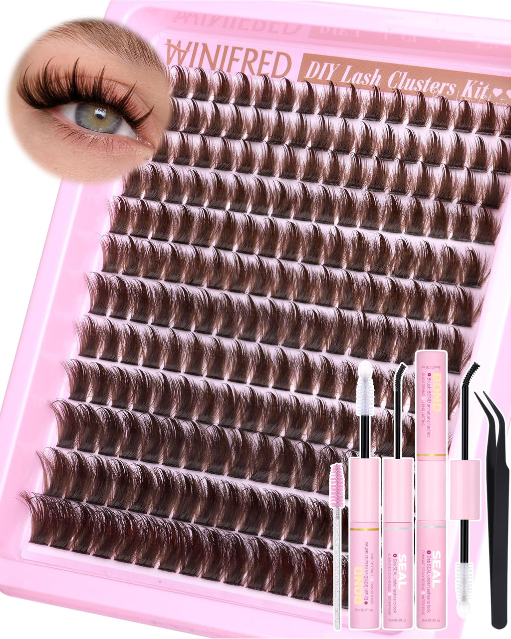 Winifred Brown Lash Clusters Kit – Wispy, Spiky 204pcs DIY Eyelash Extensions (12-18mm)