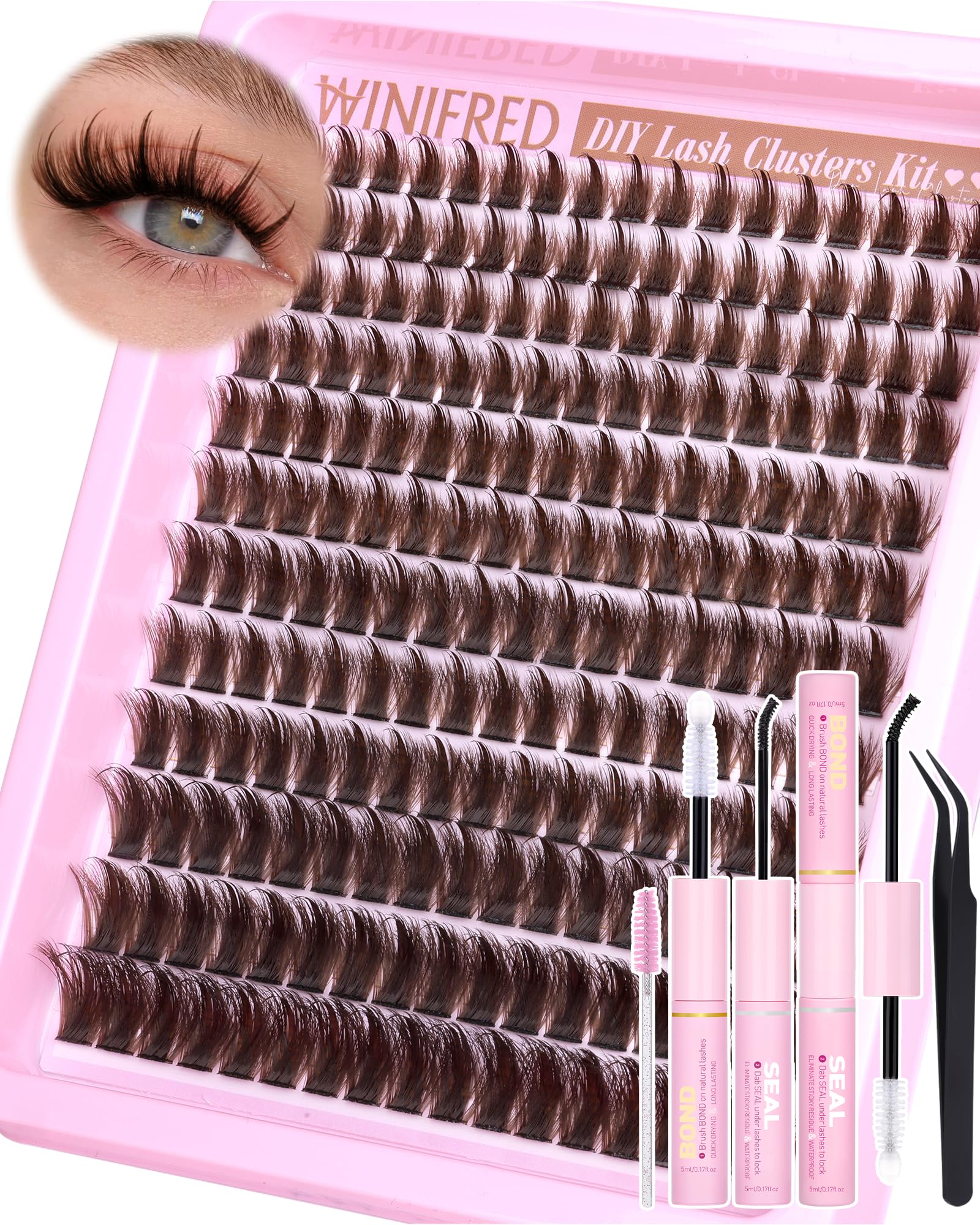 Winifred Brown Lash Clusters Kit – Wispy, Spiky 204pcs DIY Eyelash Extensions (12-18mm)