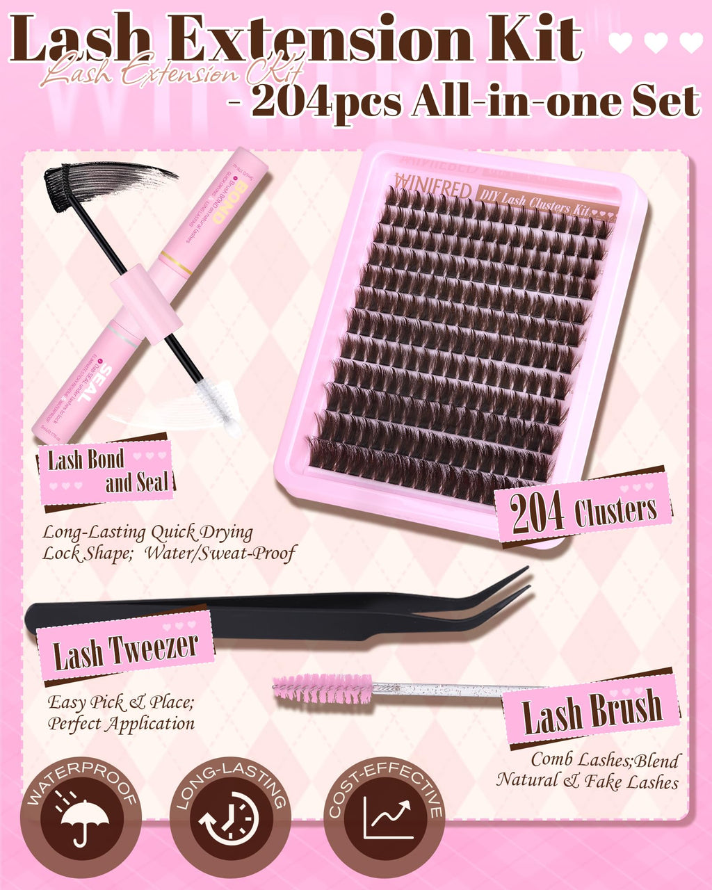 Winifred Brown Lash Clusters Kit – Wispy, Spiky 204pcs DIY Eyelash Extensions (12-18mm)
