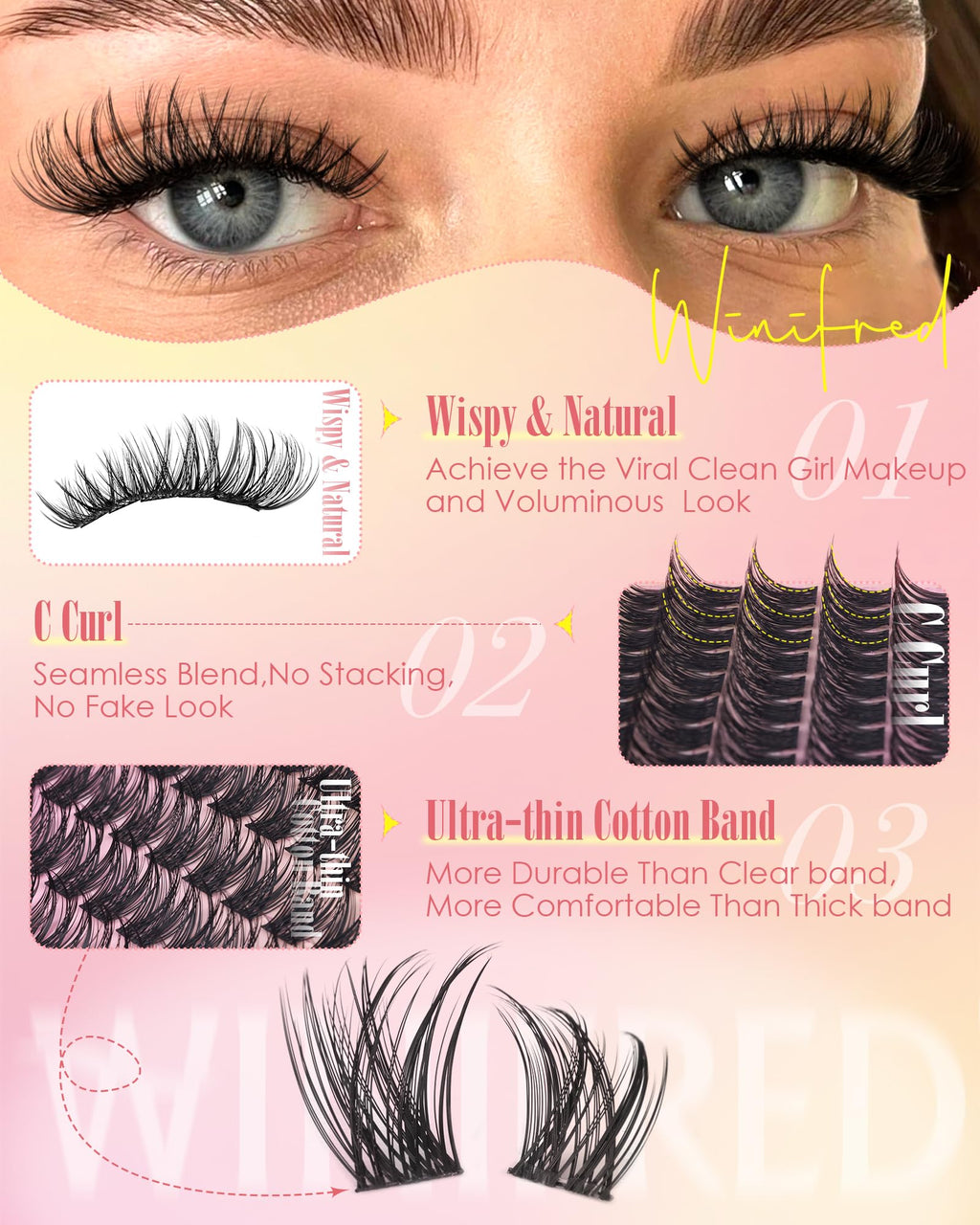 Winifred Lash Clusters Kit – Wispy Natural Lashes, DIY 10-16mm C-Curve