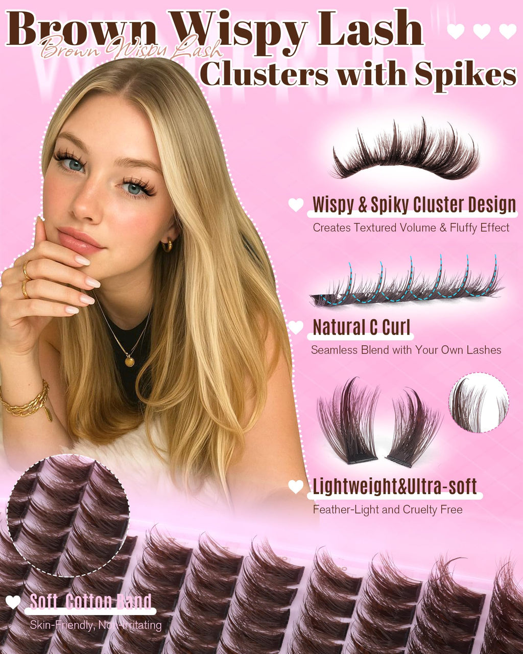 Winifred Brown Lash Clusters Kit – Wispy, Spiky 204pcs DIY Eyelash Extensions (12-18mm)
