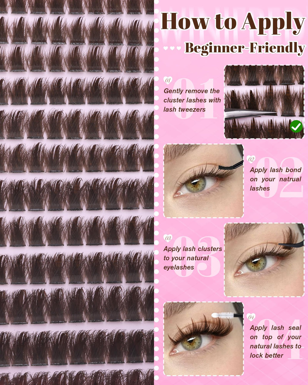 Winifred Brown Lash Clusters Kit – Wispy, Spiky 204pcs DIY Eyelash Extensions (12-18mm)