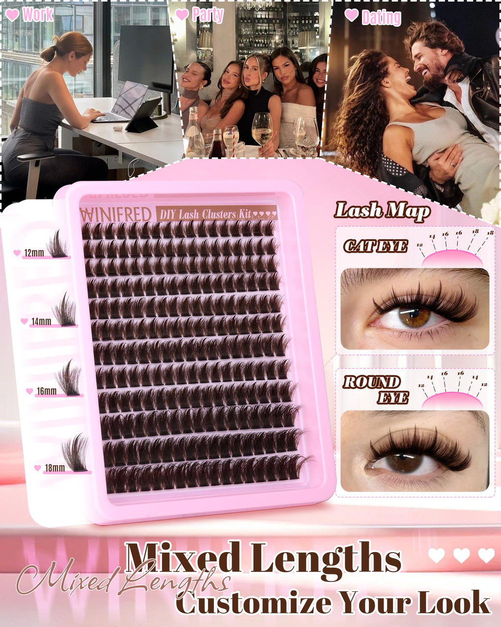 Winifred Brown Lash Clusters Kit – Wispy, Spiky 204pcs DIY Eyelash Extensions (12-18mm)