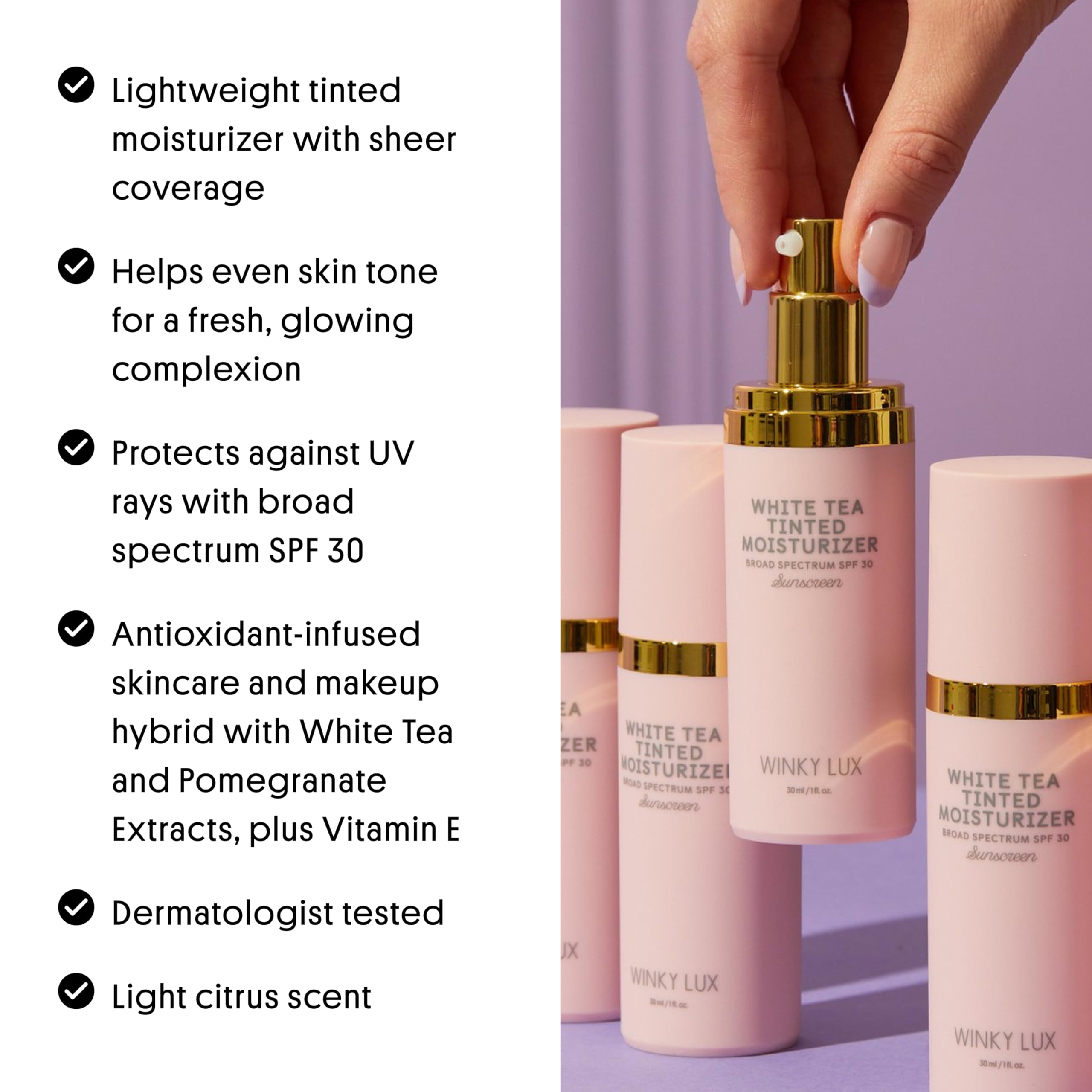 Winky Lux White Tea Tinted Moisturizer SPF 30 – Buildable Coverage, Lightweight Facial Sunscreen (Fair)