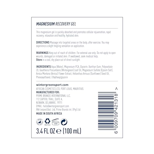 Wintergreen Magnesium Body Gel – 3.4 oz with Pure Magnesium, Arnica & Wintergreen Oils | Non-Greasy Massage Gel