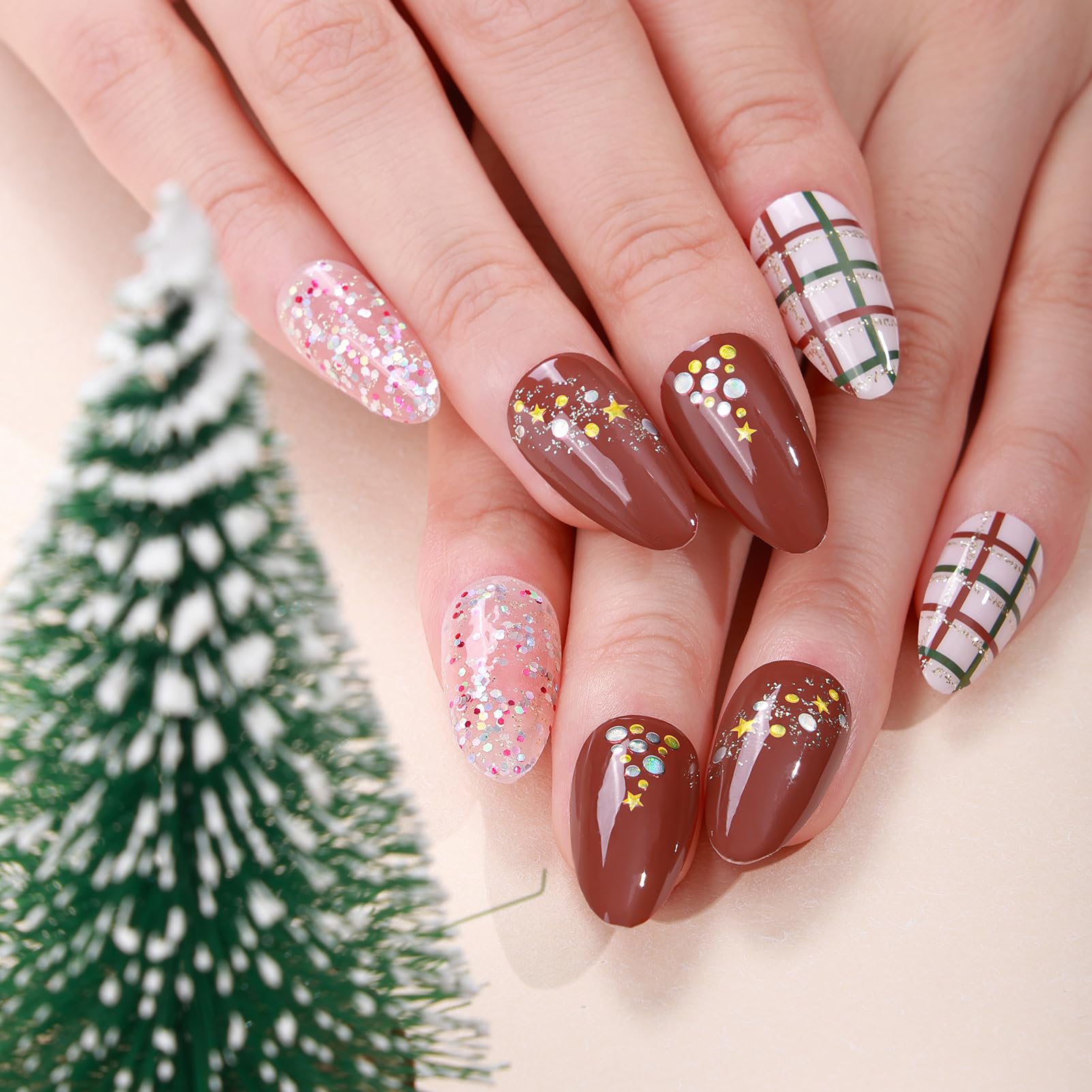 Winthrop 6 Sheets Christmas Nail Wraps — Glitter Grid Nail Art, Self-Adhesive Xmas Decals (+1 Nail File)