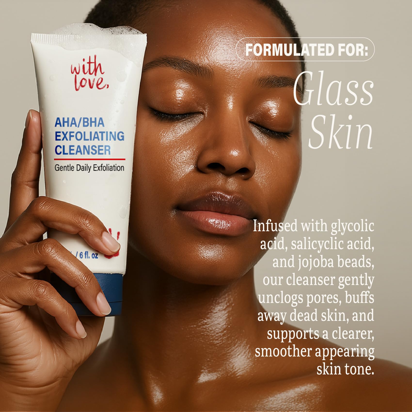 With Love AHA/BHA Daily Exfoliating Face Wash - Gentle Acne-Prone Skin Cleanser