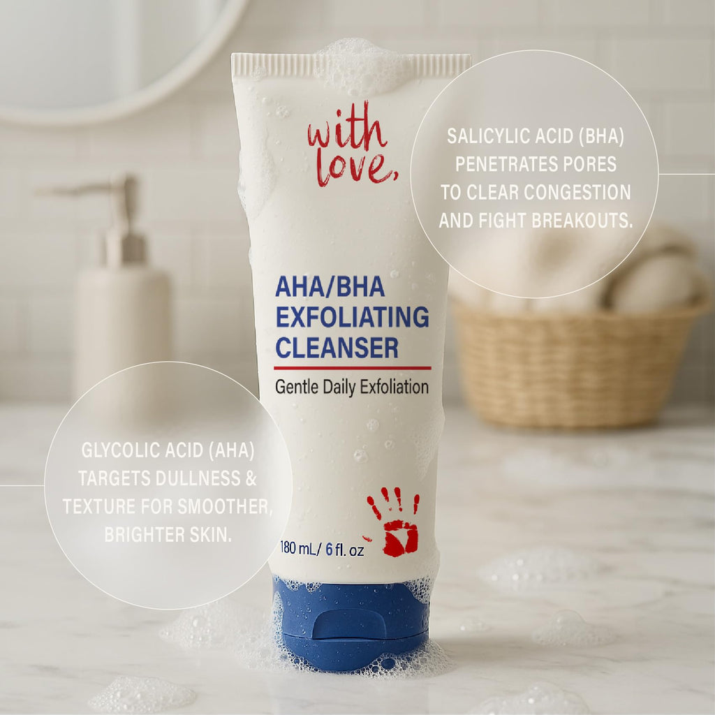 With Love AHA/BHA Daily Exfoliating Face Wash - Gentle Acne-Prone Skin Cleanser