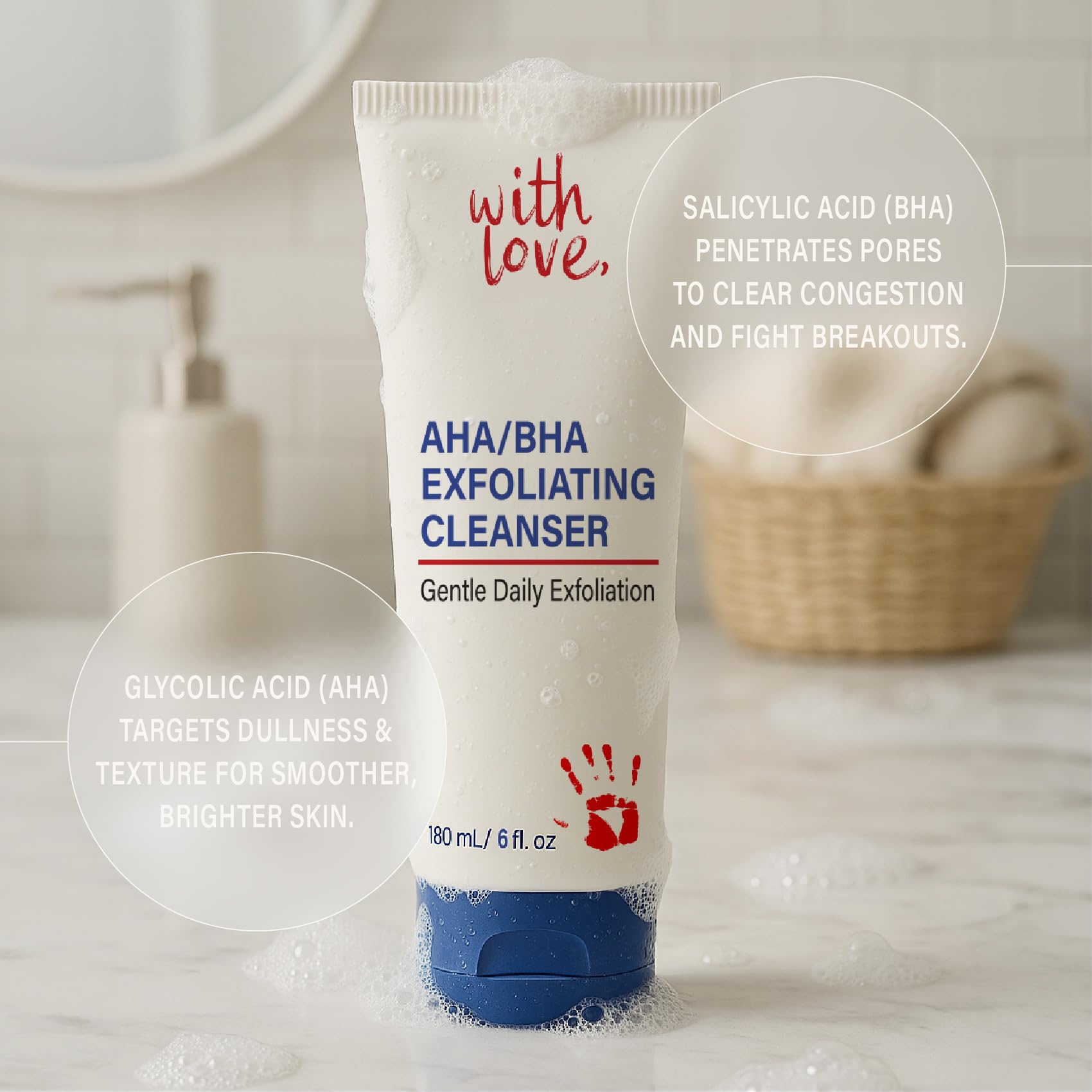 With Love AHA/BHA Daily Exfoliating Face Wash - Gentle Acne-Prone Skin Cleanser