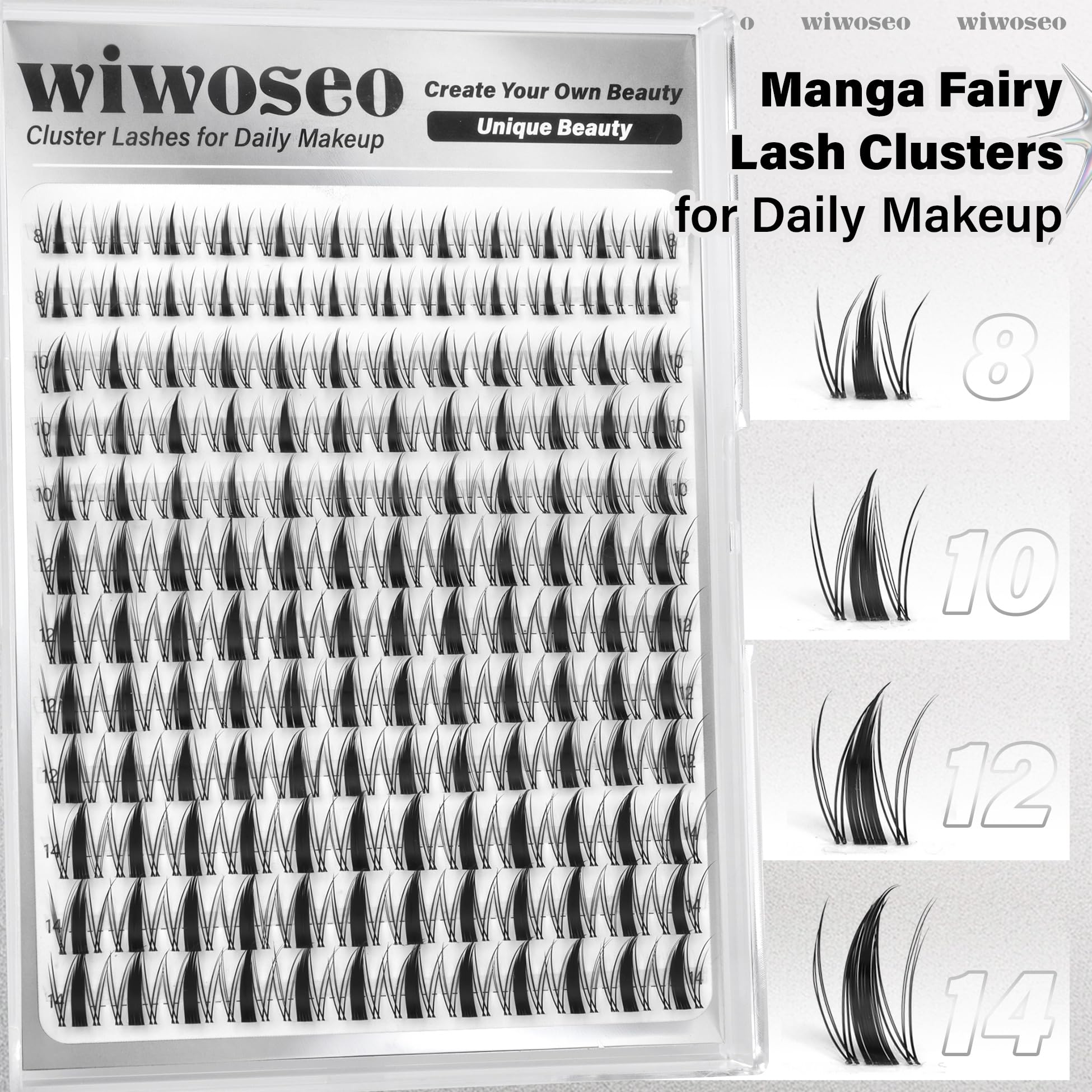 wiwoseo Manga Lash Clusters 8-14mm | D-Curl Fairy Spike Lashes with Clear Band