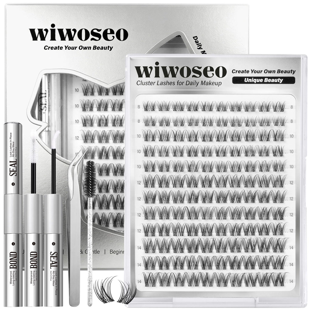 wiwoseo Flaunt Lash Clusters Kit – Natural D-Curl Wispy Lashes 8-14mm for Beginners