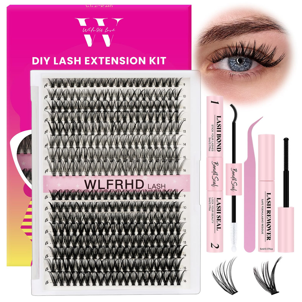 WLFRHD Lash Clusters Kit 320 Pcs – D Curl DIY Natural Wispy Lashes, Bond & Seal, Remover & Tweezers