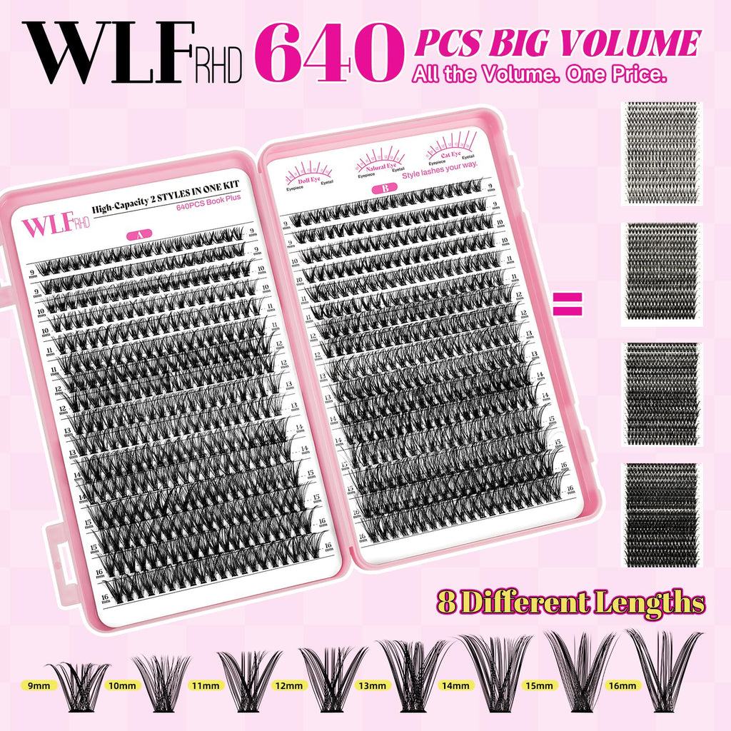 WLFRHD WLF Lash Clusters Kit 640 Pcs – D Curl Extensions, Bond & Seal, Remover, Tweezers & Brush