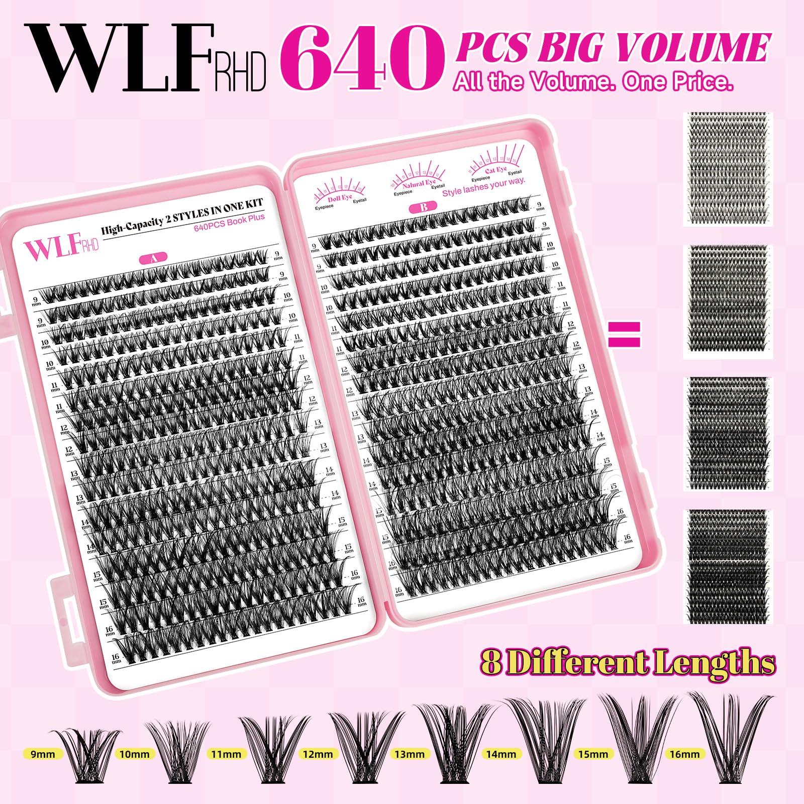 WLFRHD WLF Lash Clusters Kit 640 Pcs – D Curl Extensions, Bond & Seal, Remover, Tweezers & Brush