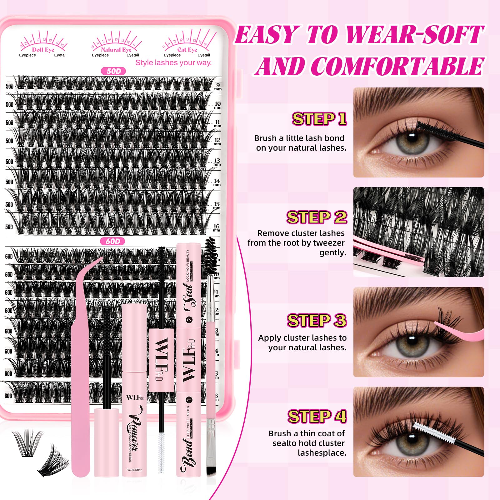 WLFRHD WLF Lash Clusters Kit — 640 Pcs D-Curl Extensions (9-16mm) with Bond, Remover & Tools