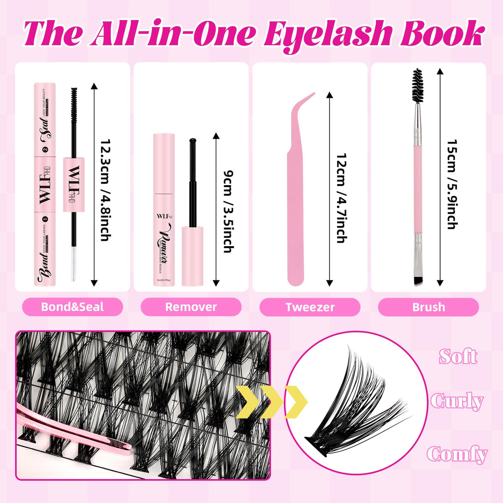 WLFRHD WLF Lash Clusters Kit 640 Pcs – D Curl Extensions, Bond & Seal, Remover, Tweezers & Brush