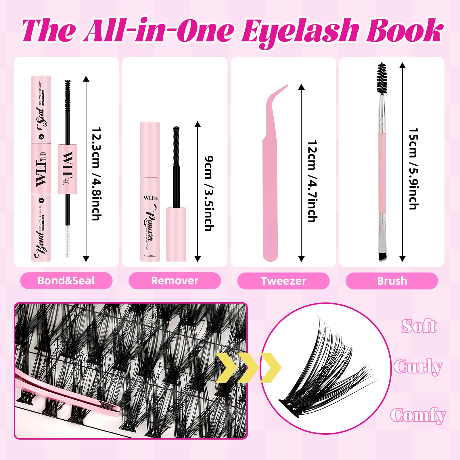 WLFRHD WLF Lash Clusters Kit 640 Pcs – D Curl Extensions, Bond & Seal, Remover, Tweezers & Brush