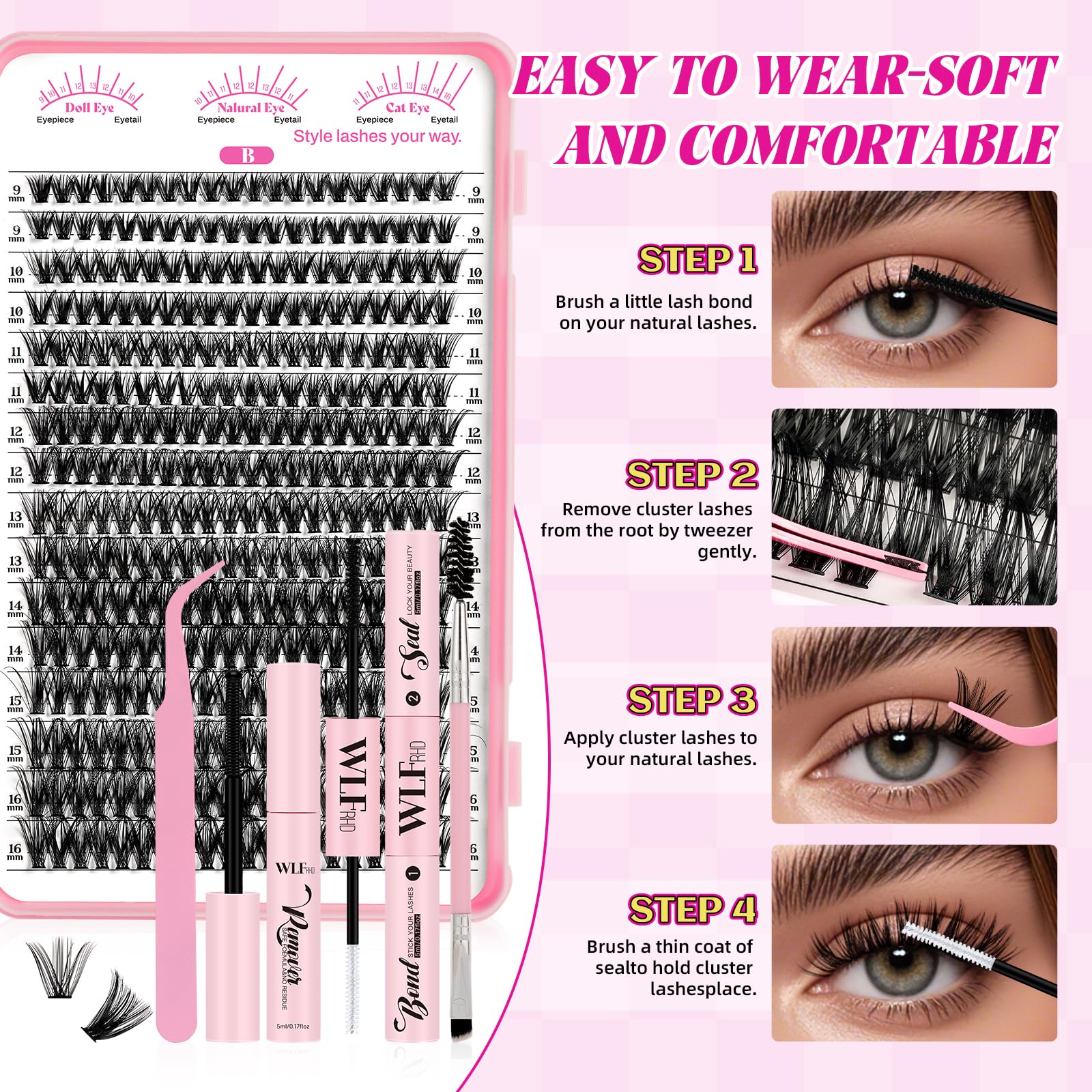 WLFRHD WLF Lash Clusters Kit 640 Pcs – D Curl Extensions, Bond & Seal, Remover, Tweezers & Brush