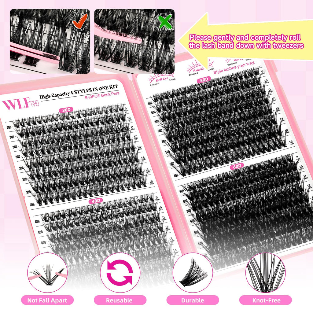 WLFRHD WLF Lash Clusters – 640 Pcs, 4 Styles, 9–16mm D-Curl Wispy Lashes