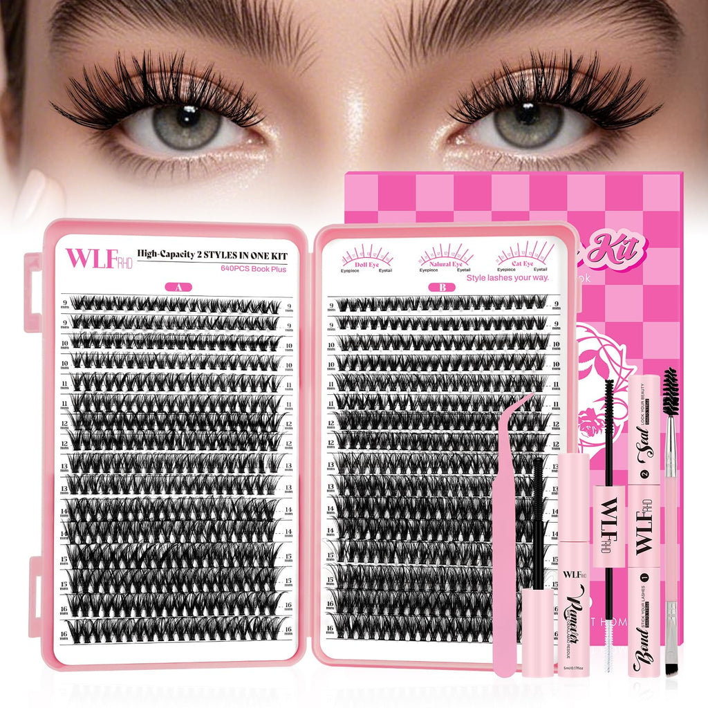 WLFRHD WLF Lash Clusters Kit 640 Pcs – D Curl Extensions, Bond & Seal, Remover, Tweezers & Brush
