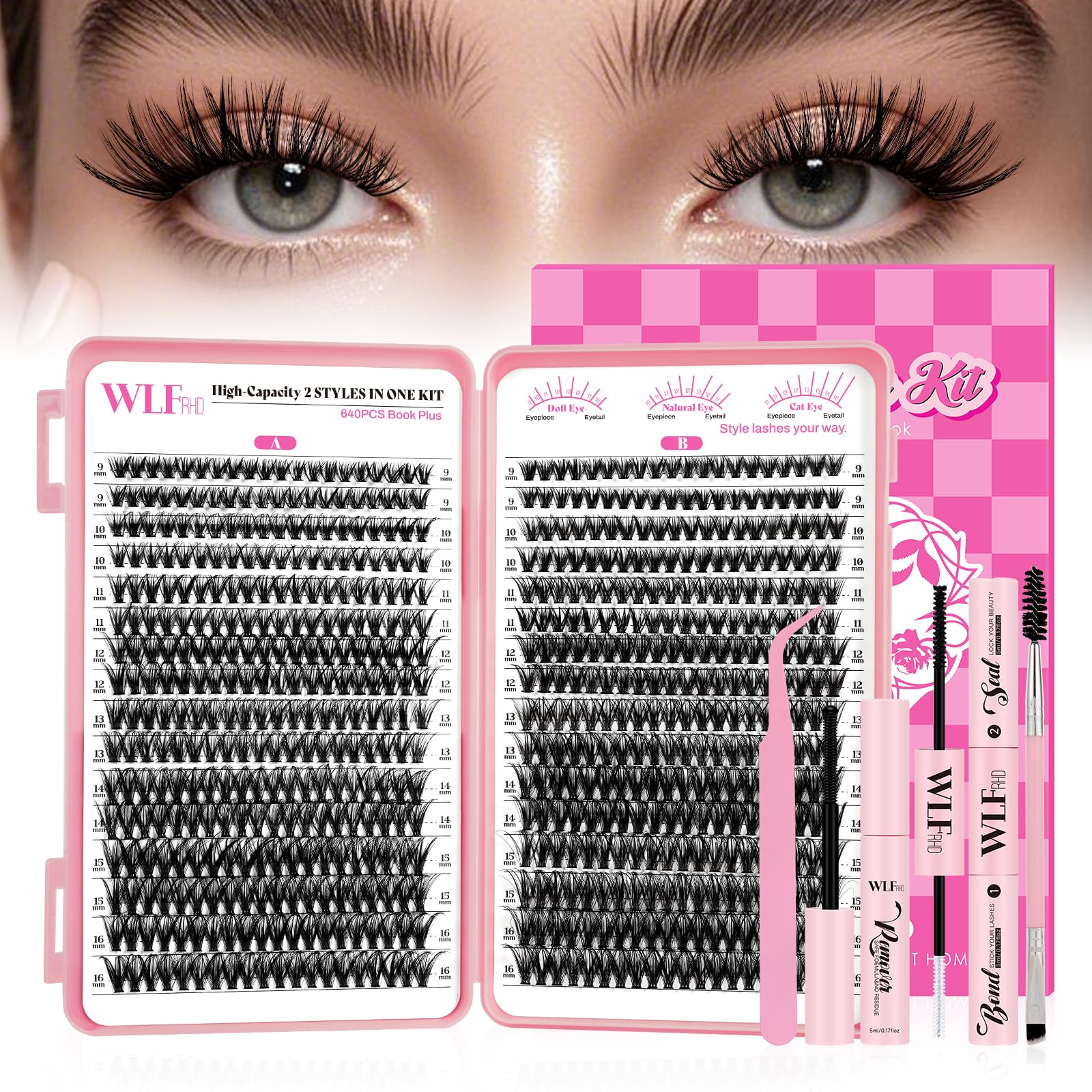 WLFRHD WLF Lash Clusters Kit 640 Pcs – D Curl Extensions, Bond & Seal, Remover, Tweezers & Brush