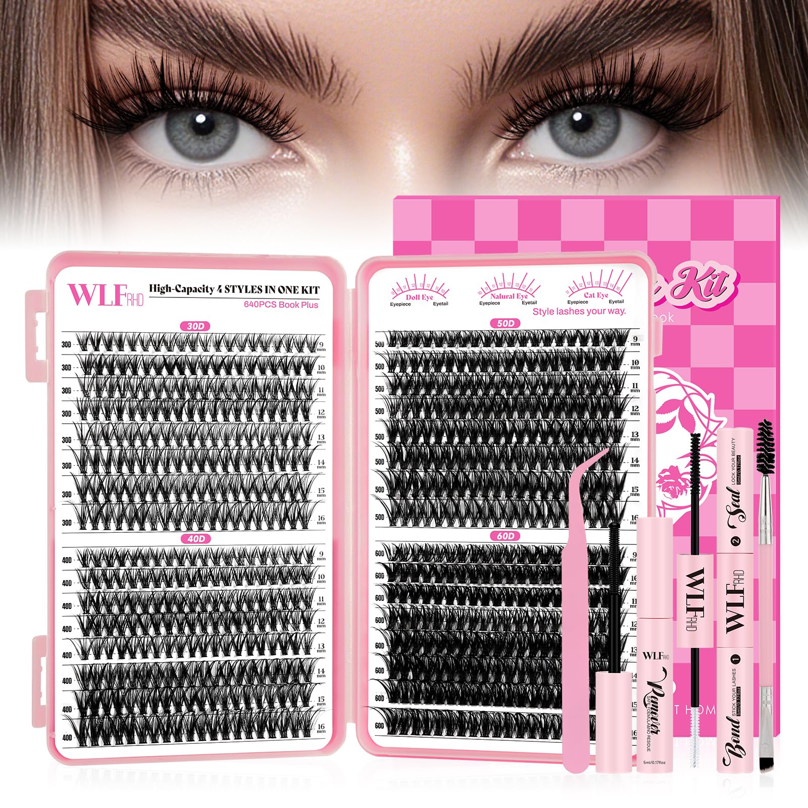 WLFRHD WLF Lash Clusters Kit — 640 Pcs D-Curl Extensions (9-16mm) with Bond, Remover & Tools