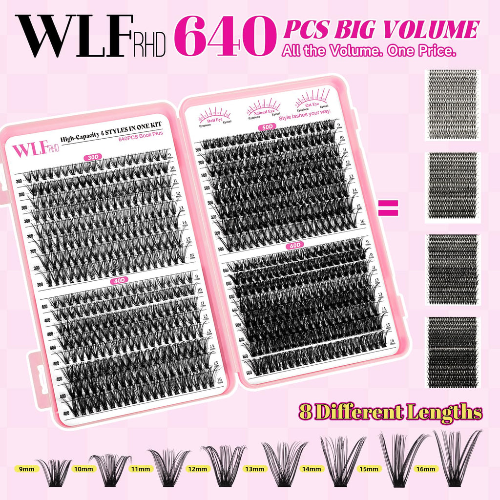 WLFRHD WLF Lash Clusters Kit — 640 Pcs D-Curl Extensions (9-16mm) with Bond, Remover & Tools