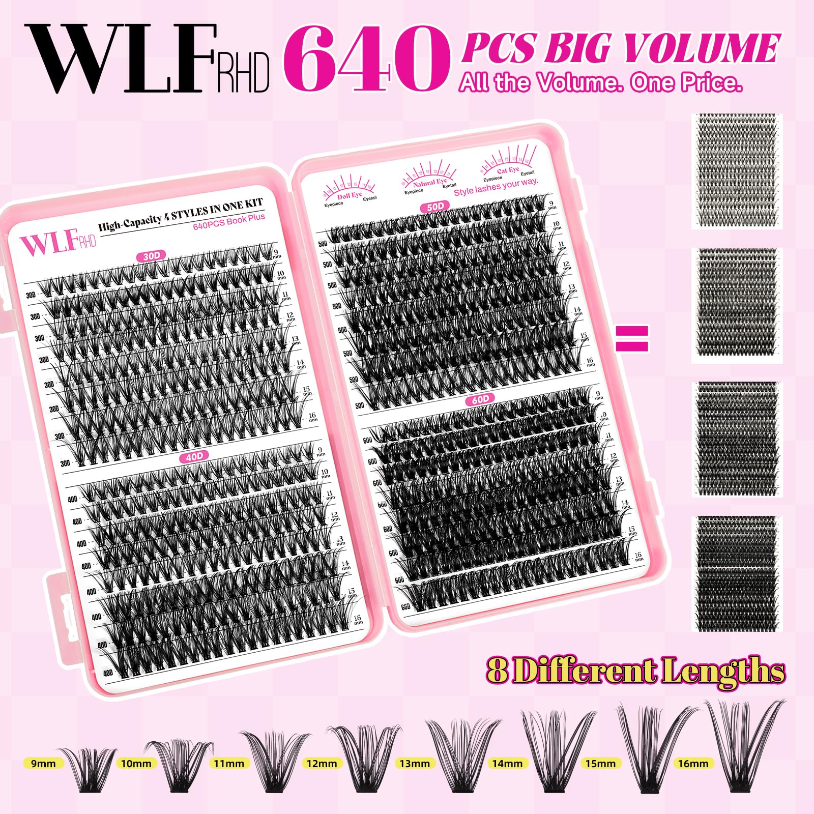 WLFRHD WLF Lash Clusters Kit — 640 Pcs D-Curl Extensions (9-16mm) with Bond, Remover & Tools