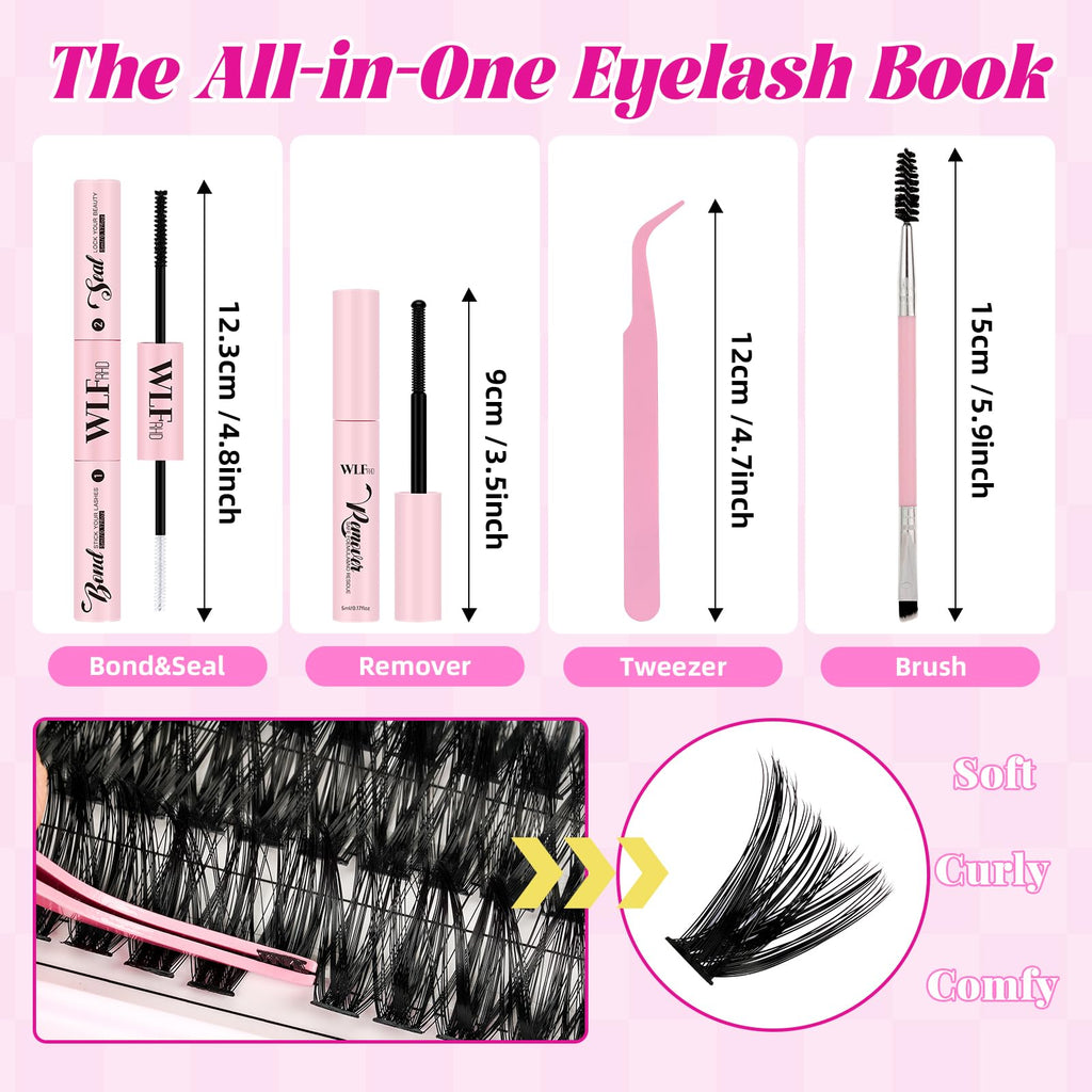 WLFRHD WLF Lash Clusters Kit — 640 Pcs D-Curl Extensions (9-16mm) with Bond, Remover & Tools