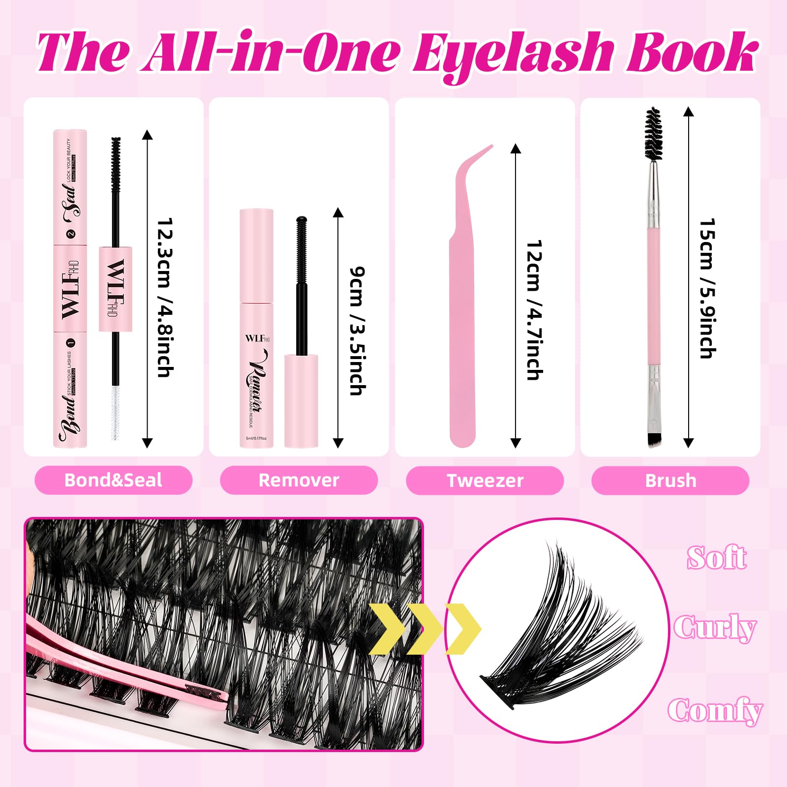 WLFRHD WLF Lash Clusters Kit — 640 Pcs D-Curl Extensions (9-16mm) with Bond, Remover & Tools