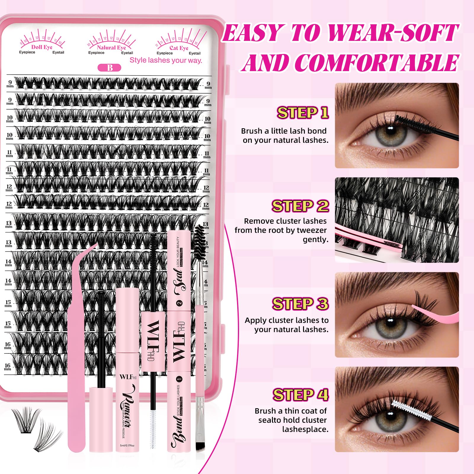 WLFRHD WLF Lash Clusters Kit – 640 Pcs 30D+40D D-Curl Eyelash Extensions Kit with Bond, Seal, Remover, Tweezers & Brush