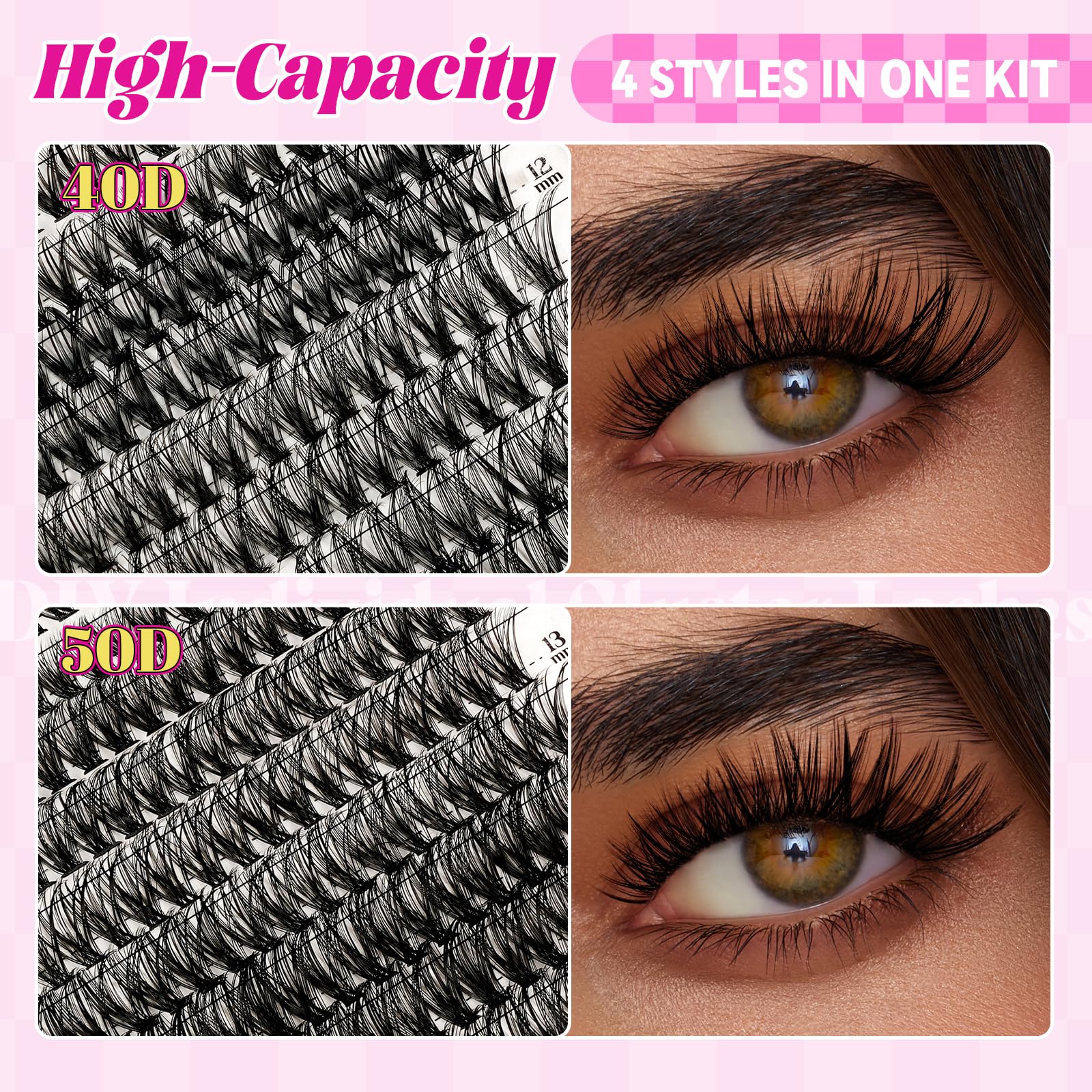 WLFRHD WLF Lash Clusters Kit 640 Pcs – D Curl Extensions, Bond & Seal, Remover, Tweezers & Brush