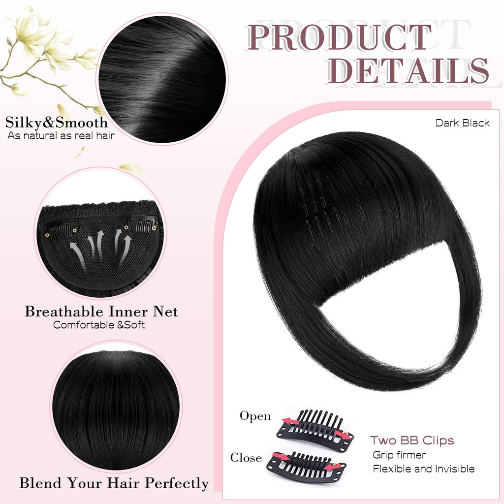 Wodelanle Clip-in Bangs - Natural Dark Black French Fringe with Temples