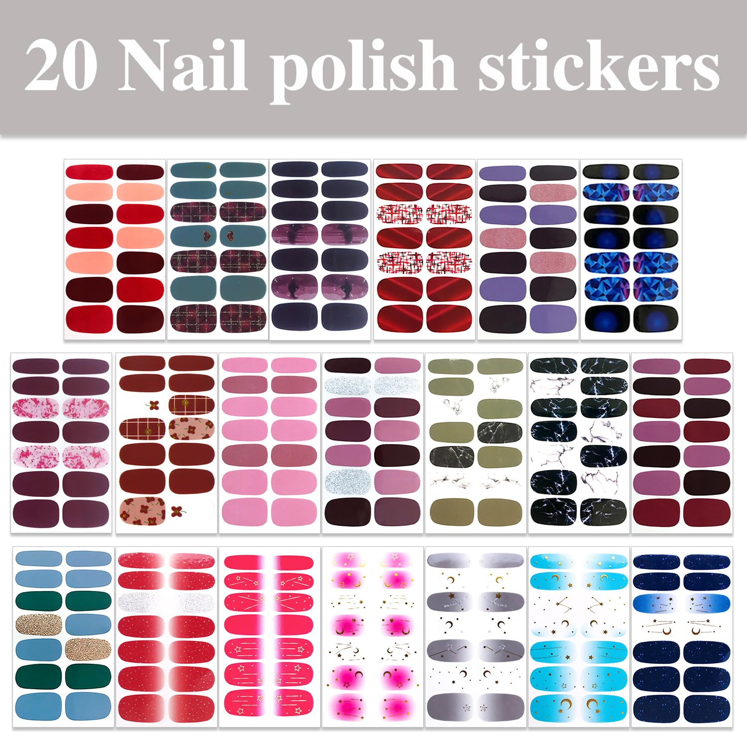 WOKOTO Moon Stars Nail Polish Strips – 20 Sheets Gradient Nail Wraps