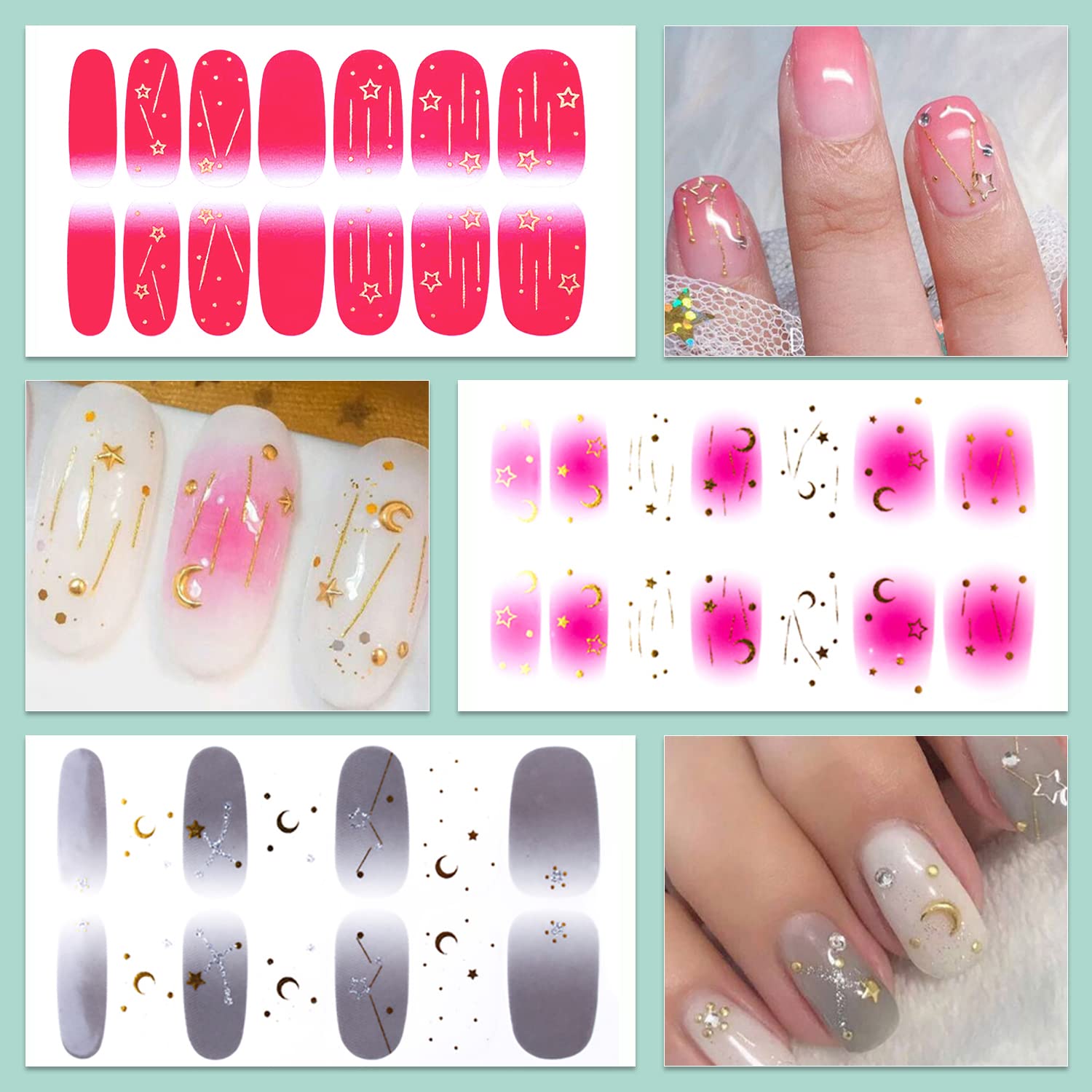 WOKOTO Moon Stars Nail Polish Strips – 20 Sheets Gradient Nail Wraps