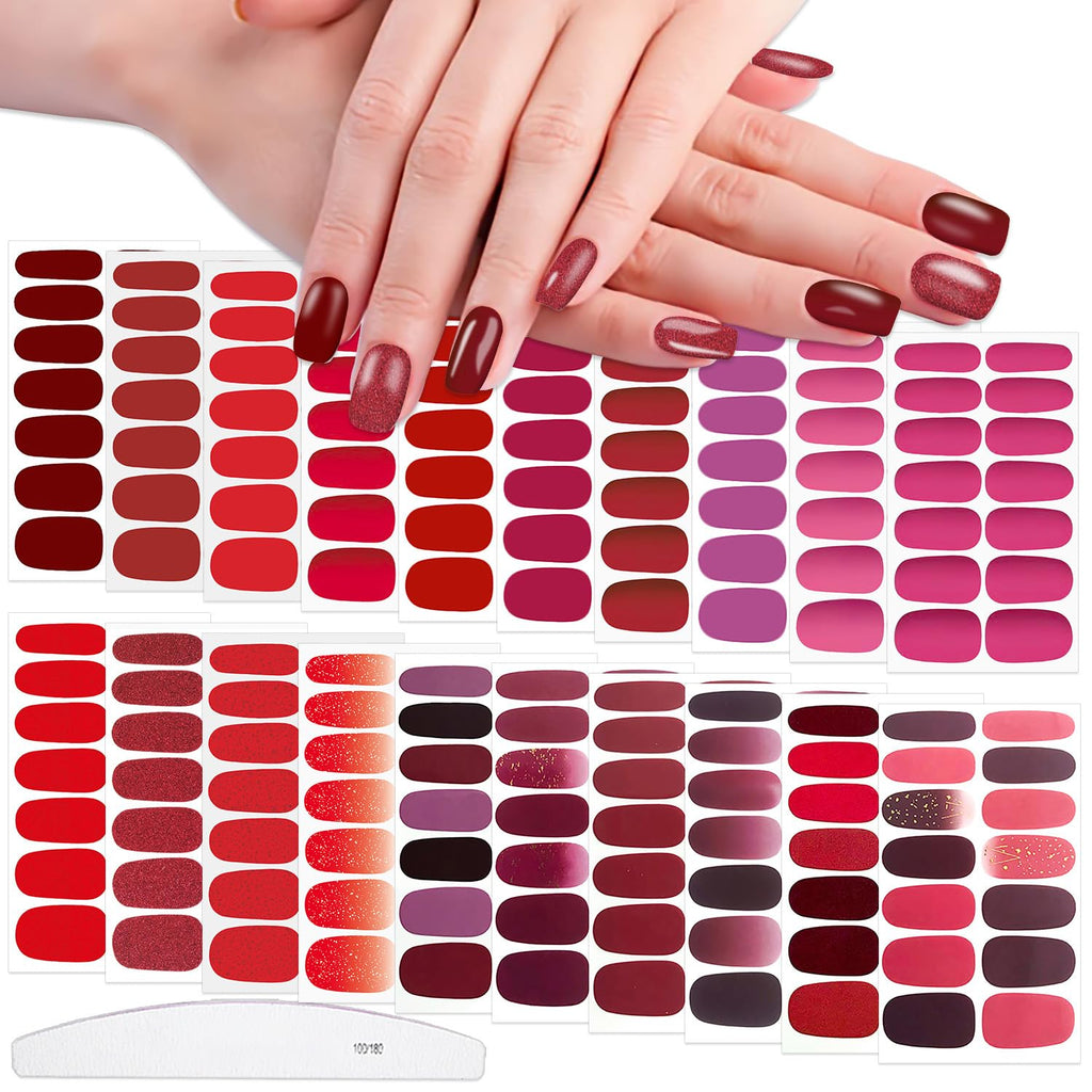 WOKOTO 20 Sheets Red Solid & Gradient Nail Polish Wraps – Easy Peel Semi-Gloss Nail Stickers
