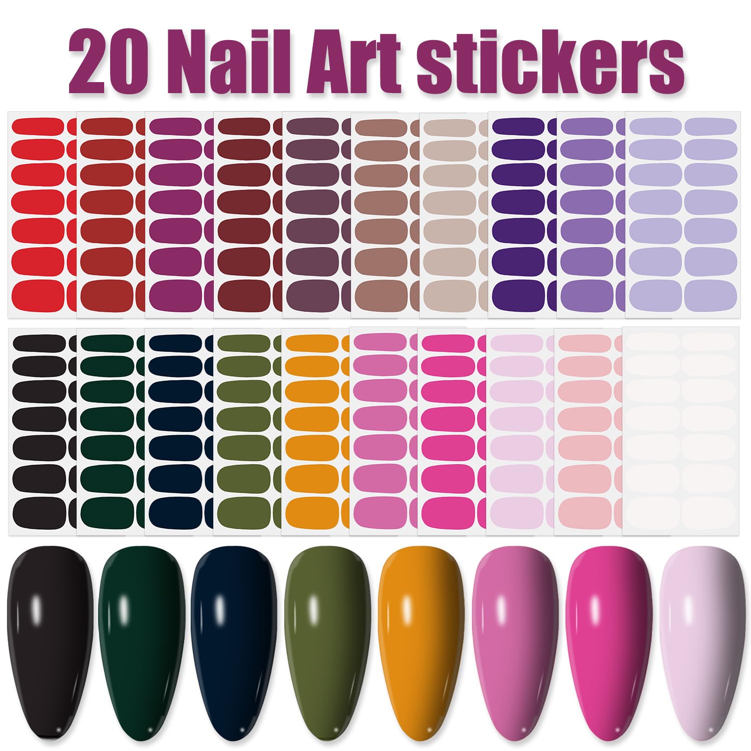 WOKOTO 20 Sheets Solid Nail Polish Strips – Mix-Color Designs, 7 Sizes, Nail File Kit